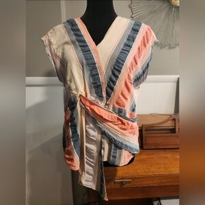 Etcetera Coral and Blue Wrap Top